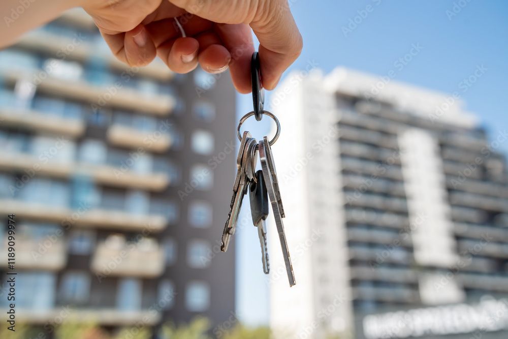 Hand holding keys in front of apartment buildings.