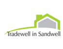 Tradewell in Sandwell logo with green house roof and gray building icon