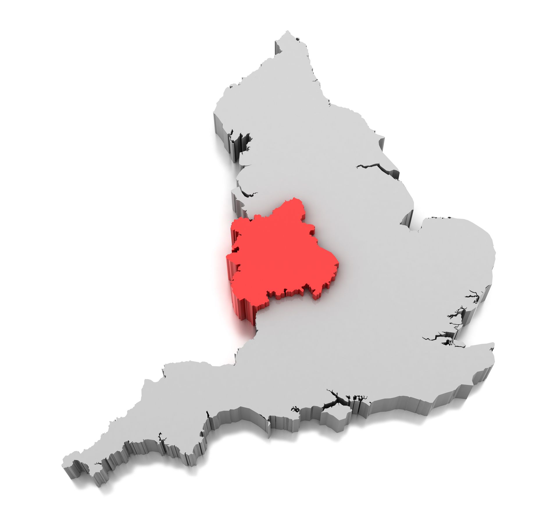 3D map of England in gray with the Midlands highlighted in red