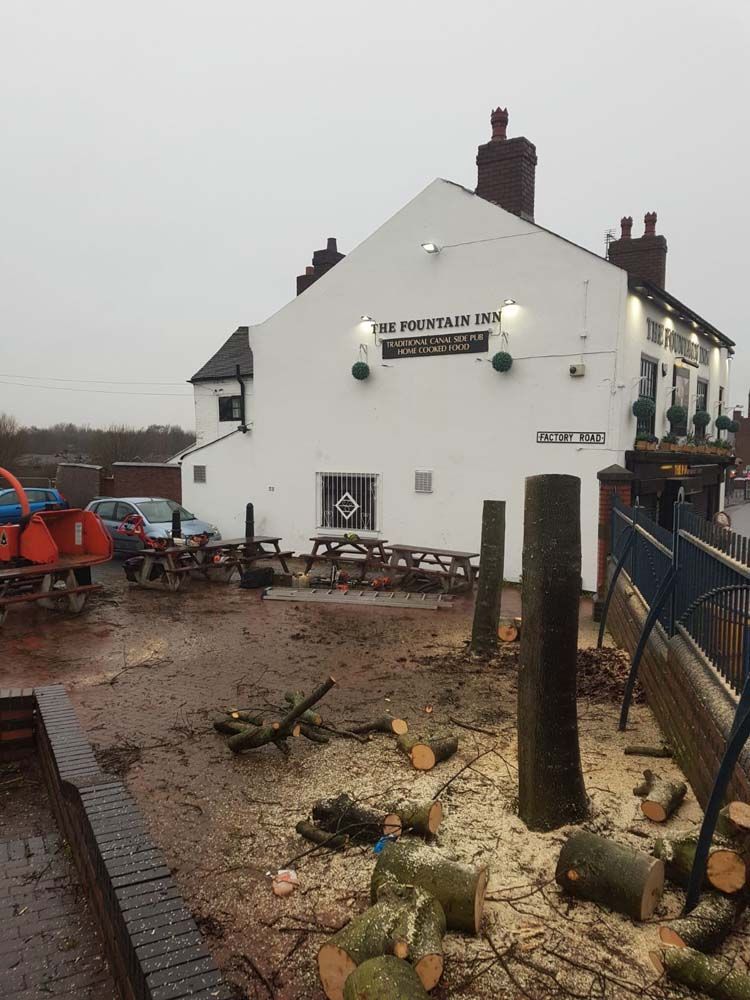 Riverside pub with muddy flood damage, debris, and fallen tree branches in the foreground
