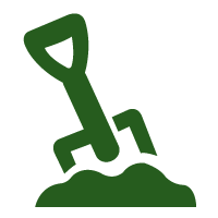 Green silhouette of a shovel digging into a mound of dirt
