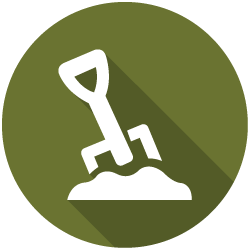 White shovel and key over a soil mound in a green circle icon