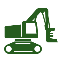 Green excavator icon with tracked base and raised arm, shown in profile on white background