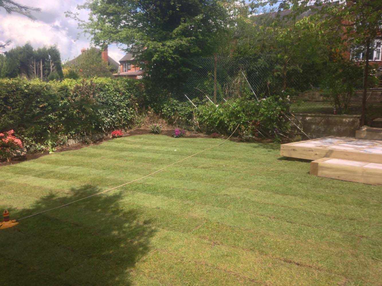 Sunny backyard with green lawn, shrubs, trees, and a small stone patio.