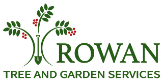 Green logo for Rowan Tree and Garden Services with stylized tree branches and red berries.