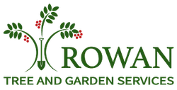 Green logo for Rowan Tree and Garden Services with stylized tree branches and red berries.