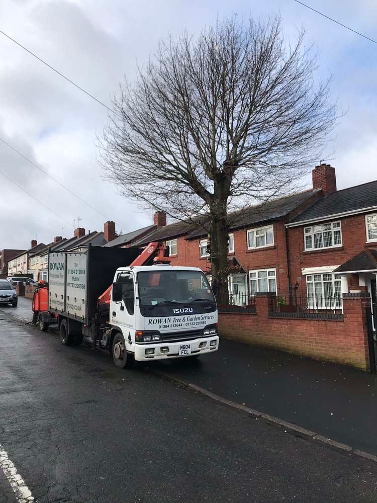 White truck on a wet residential street beside brick houses and a leafless tree