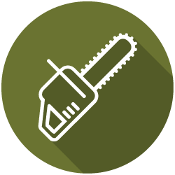 White chainsaw icon inside an olive-green circle with a long shadow