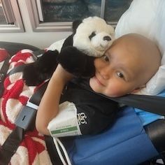 A child smiling while reclining in a hospital bed, holding a plush panda toy and wearing a medical blood pressure cuff.