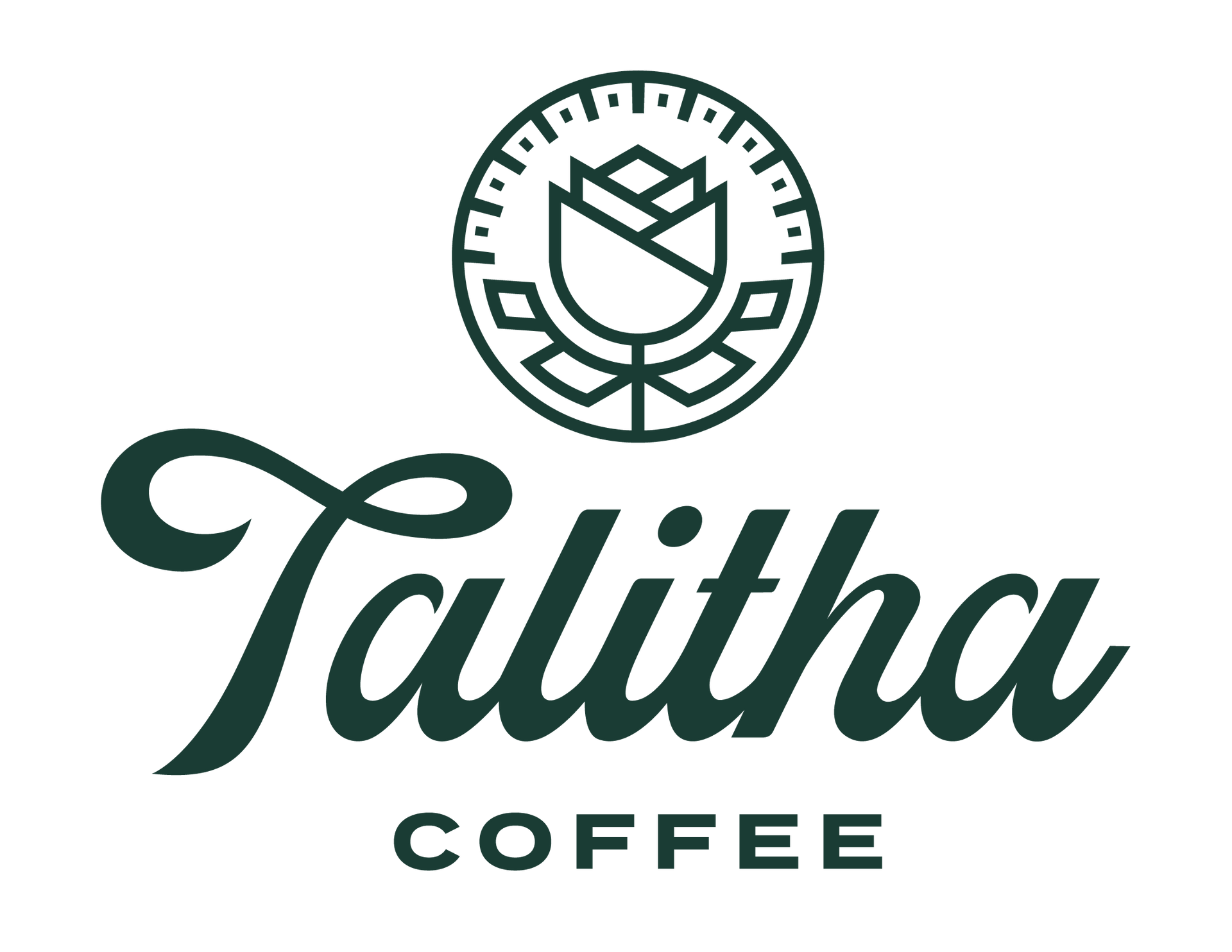 Logo for Talitha Coffee: Green text with a stylized rose icon.