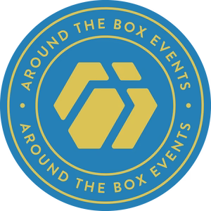 Blue and gold logo for "Around The Box Events" with abstract geometric shapes.