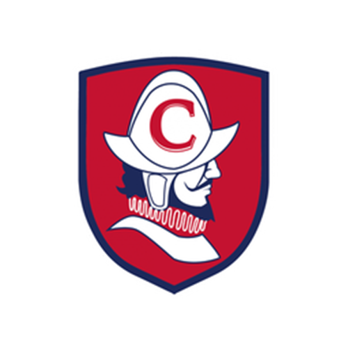 Red shield with a white conquistador silhouette wearing a hat with a red