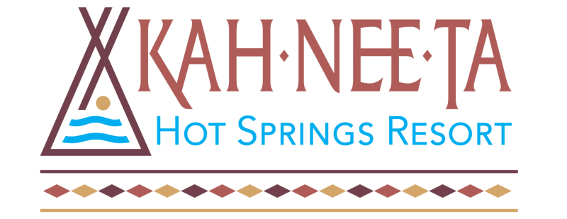Logo for Kah-Nee-Ta Hot Springs Resort with teepee, water, and Native American pattern.