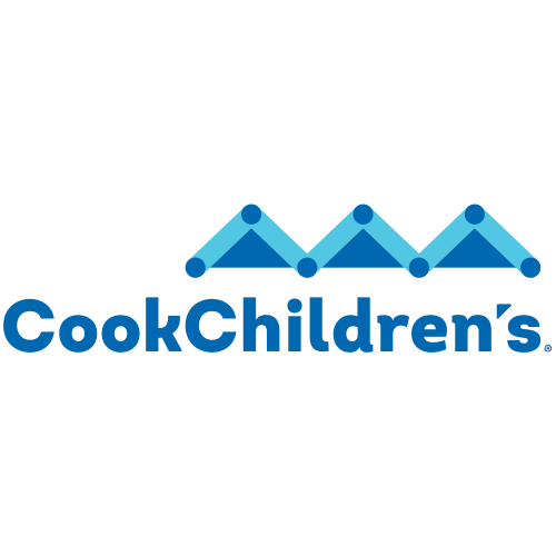 Cook Children's logo: Blue text "Cook Children's" with three connected blue triangle shapes above.