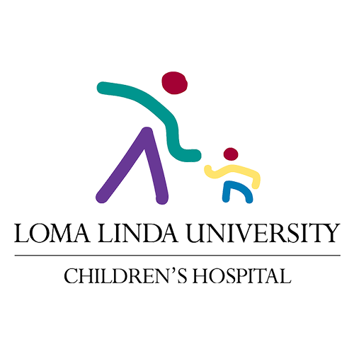 Loma Linda University Children's Hospital logo. Abstract figures: adult reaching out to child.