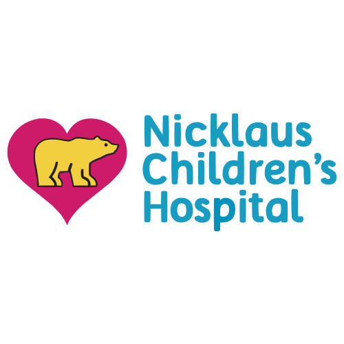 Pink heart with yellow bear, Nicklaus Children's Hospital text in teal.