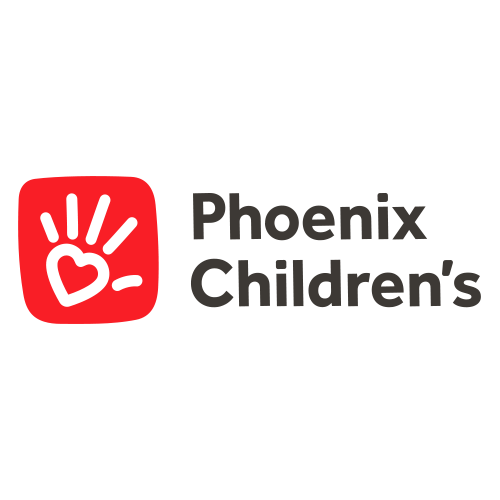 Phoenix Children's logo with a red square, heart, and rays of light, next to the words "Phoenix Children's".