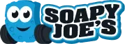 Soapy Joe's logo with a cartoon car. The car is blue with a smiling face and black wheels, and the name is in blue lettering.