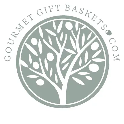 Logo for Gourmet Gift Baskets. A gray circular emblem with text and a white tree design.