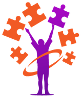 A purple and orange silhouette of a person holding puzzle pieces