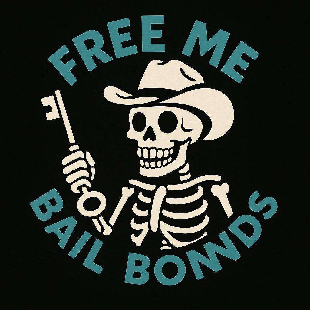 A skeleton wearing a cowboy hat and holding a key, with the teal text "FREE ME BAIL BONDS" arched around it.