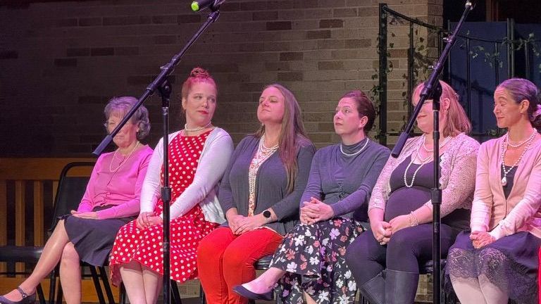 A group of women are sitting in front of microphones on a stage.