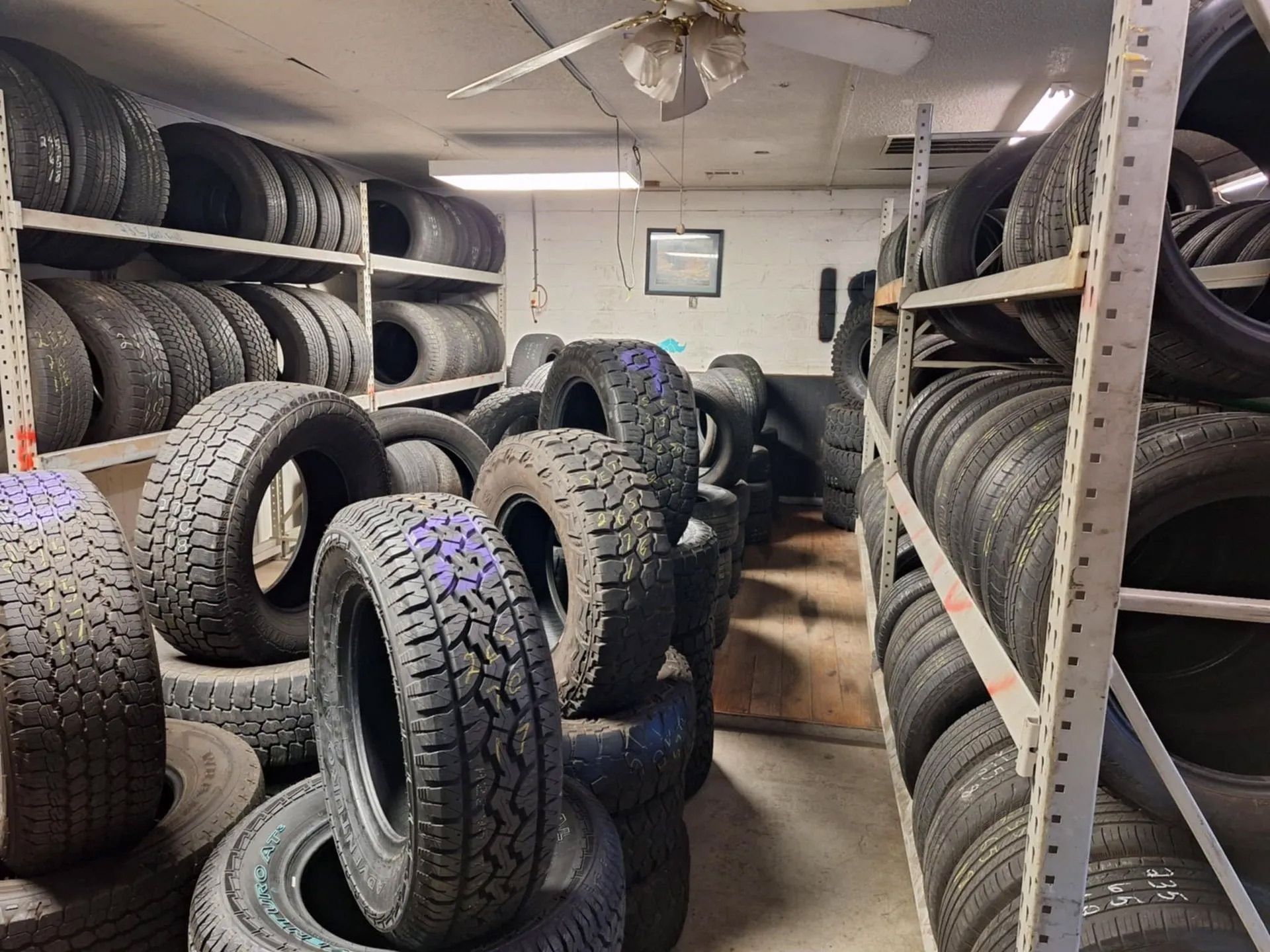 A warehouse filled with lots of tires on shelves