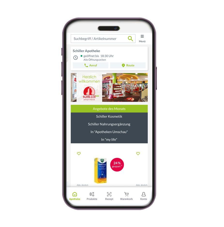 Ein Mobiltelefon mit einer Apotheken-App.