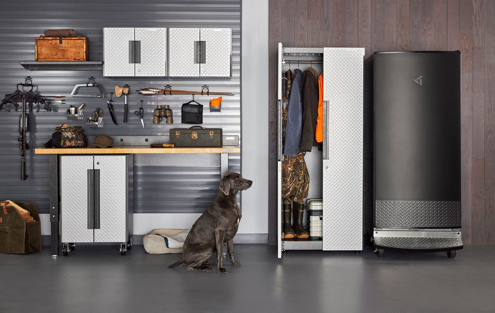 A dog is sitting in a Gladiator Storage garage.