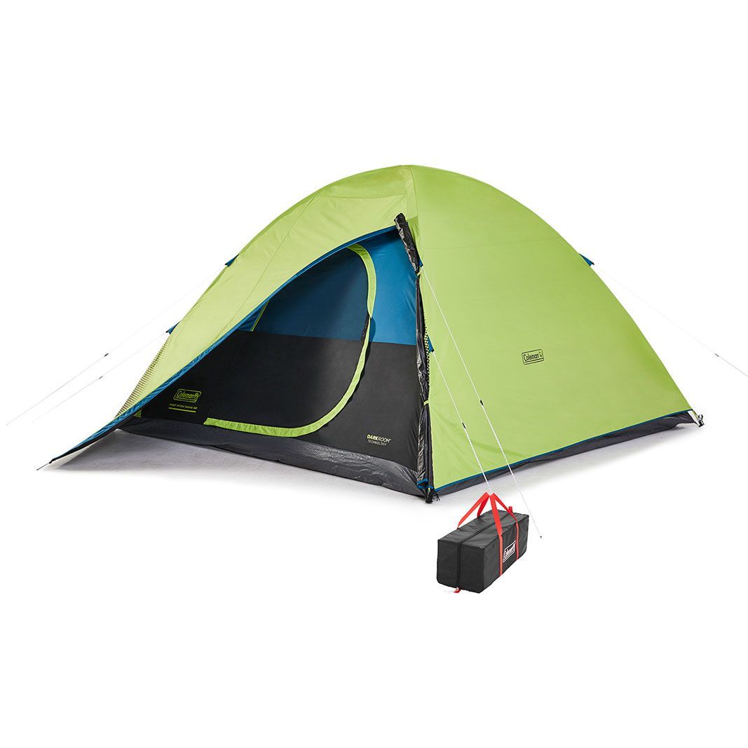 A Coleman green tent with a black bag attached to it on a white background.