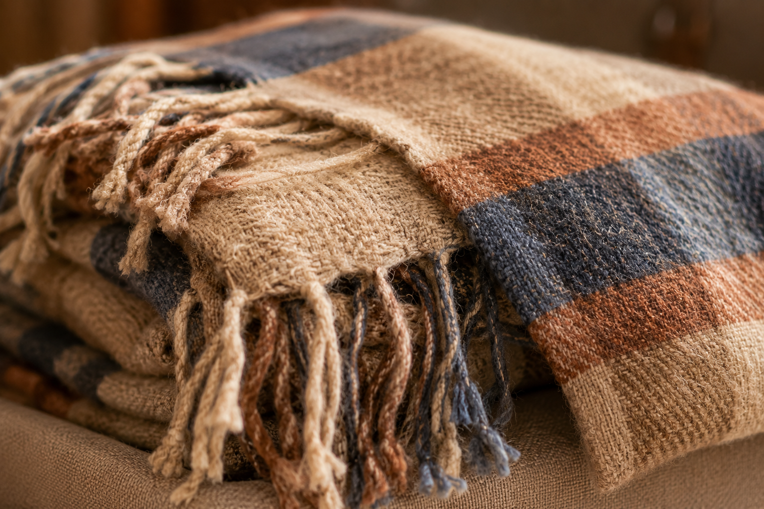 003 - Hand-Woven Beige & Tan Throw Blanket
