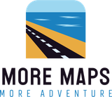 Road leading to the sea; logo with blue sky and water, tan land and dark road. Text: More Maps, More Adventure.