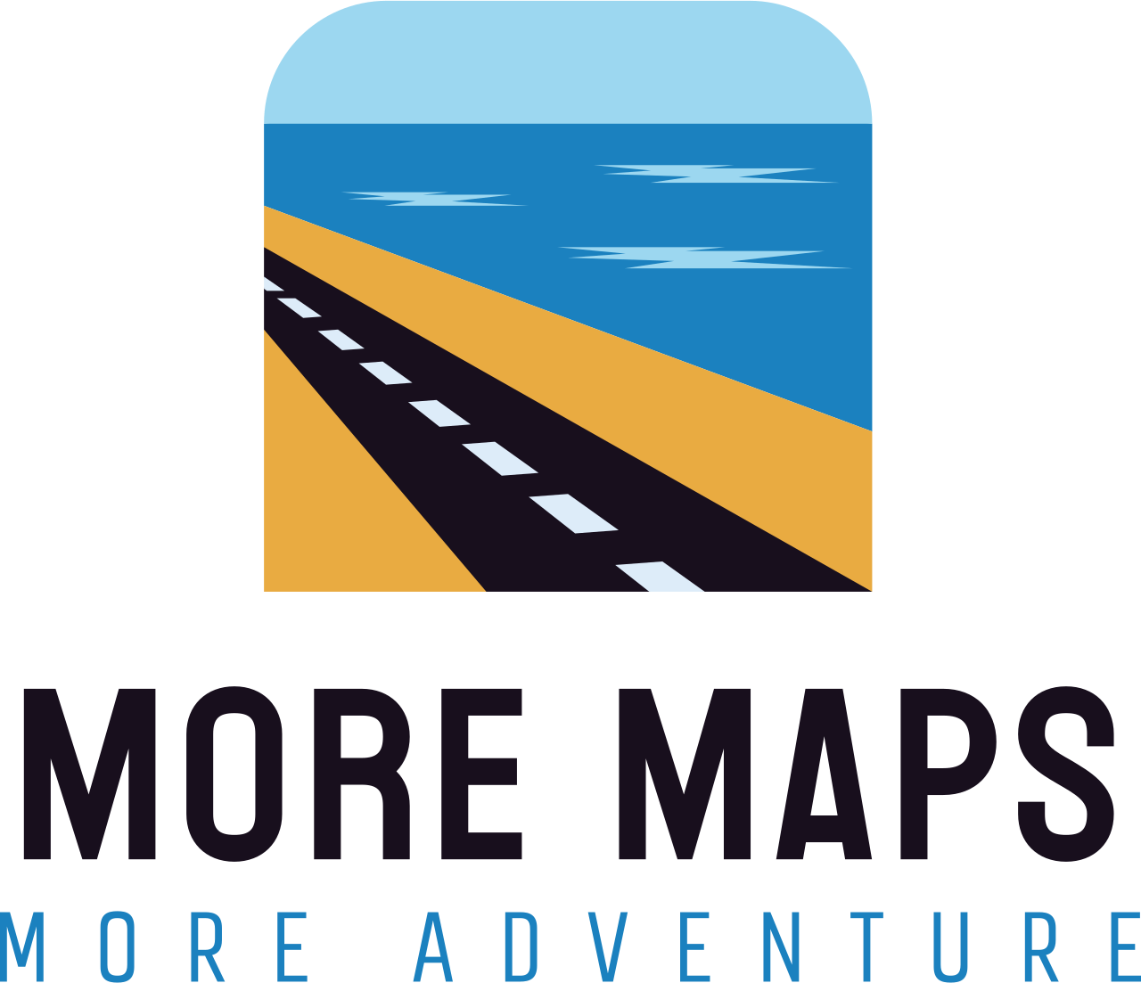 Road leading to the sea; logo with blue sky and water, tan land and dark road. Text: More Maps, More Adventure.