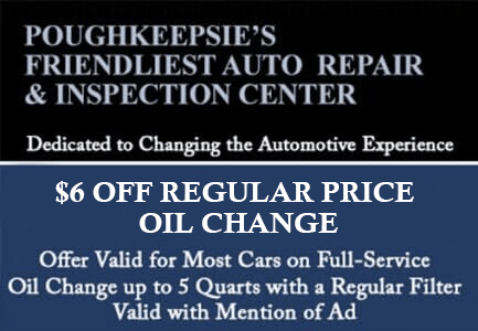 Coupon for $6 off a regular oil change at Poughkeepsie's Friendliest Auto Repair & Inspection Center.