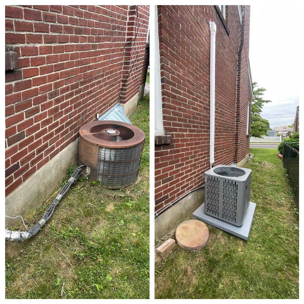 A couple of pictures of a brick building with an air conditioner on the side of it.
