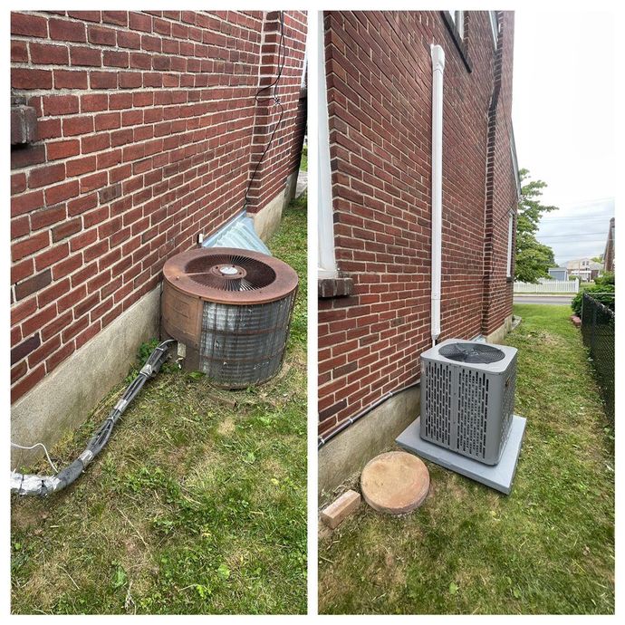 A couple of pictures of a brick building with an air conditioner on the side of it.