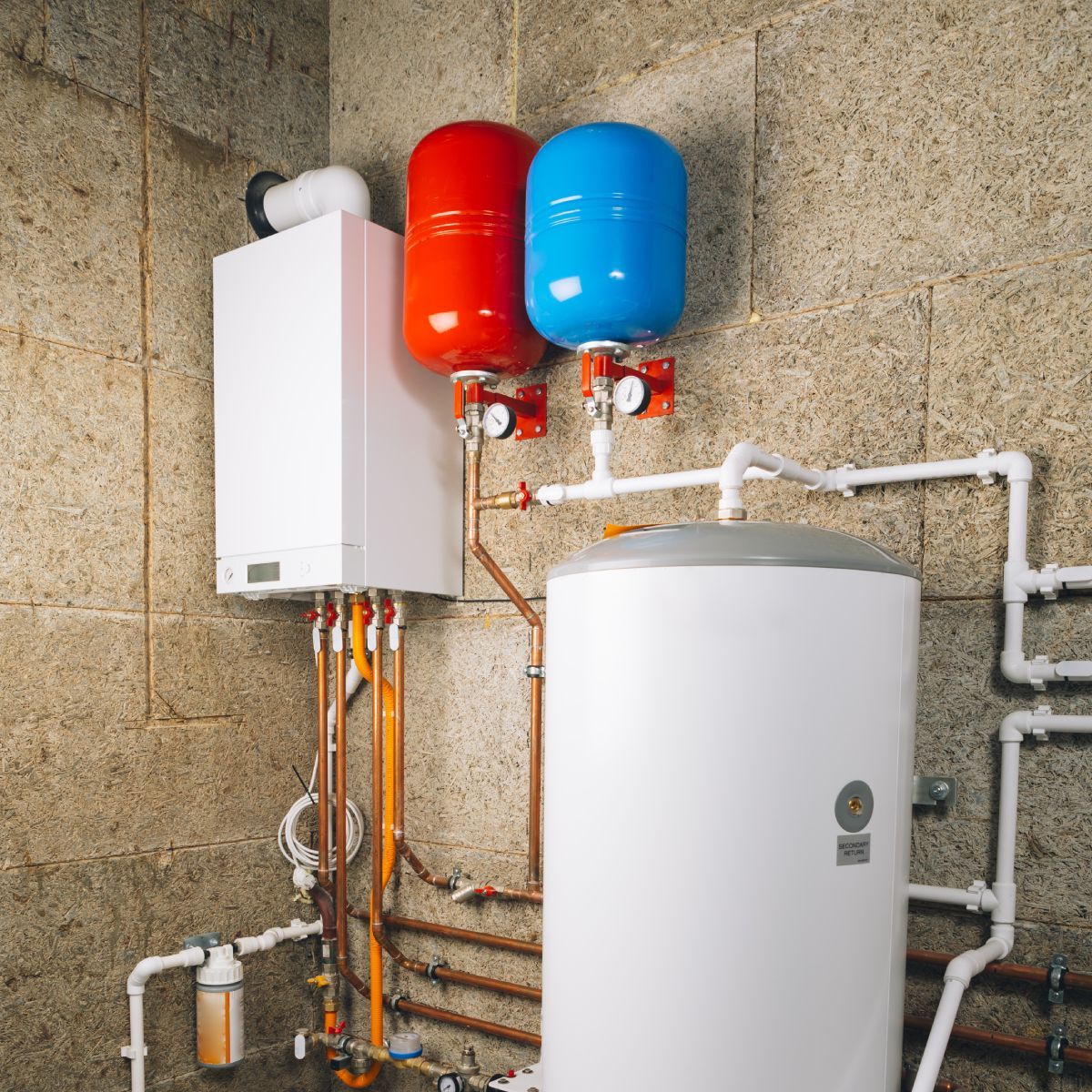 A room with a water heater and two red and blue tanks on the wall.