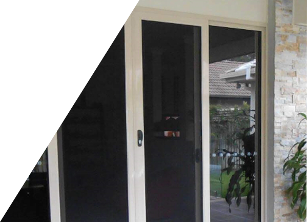 A white sliding glass door with a black screen