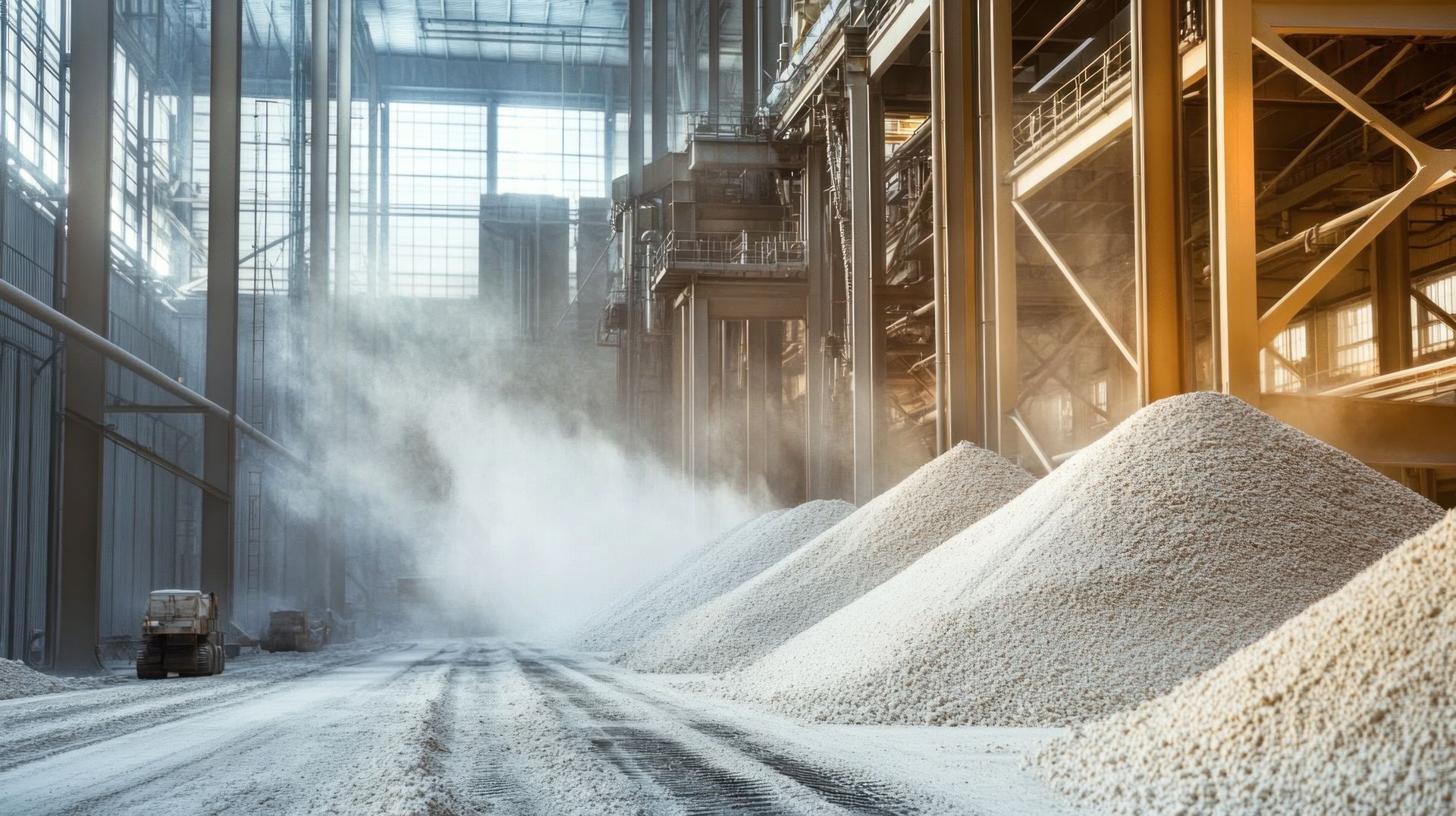 Concrete mix supplier facility with sand piles and industrial storage inside warehouse.