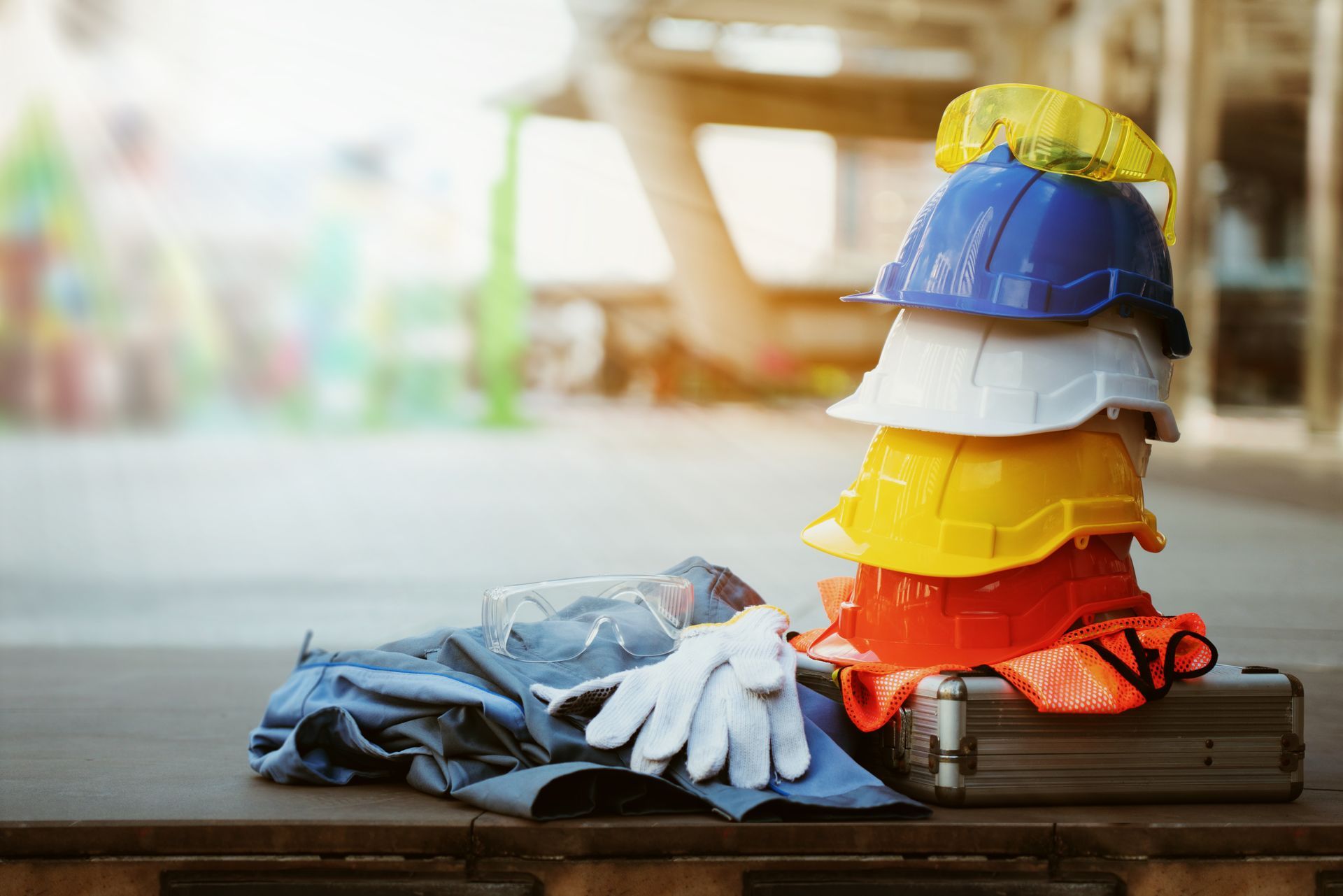 Stack of hard hats with gloves and safety gear.