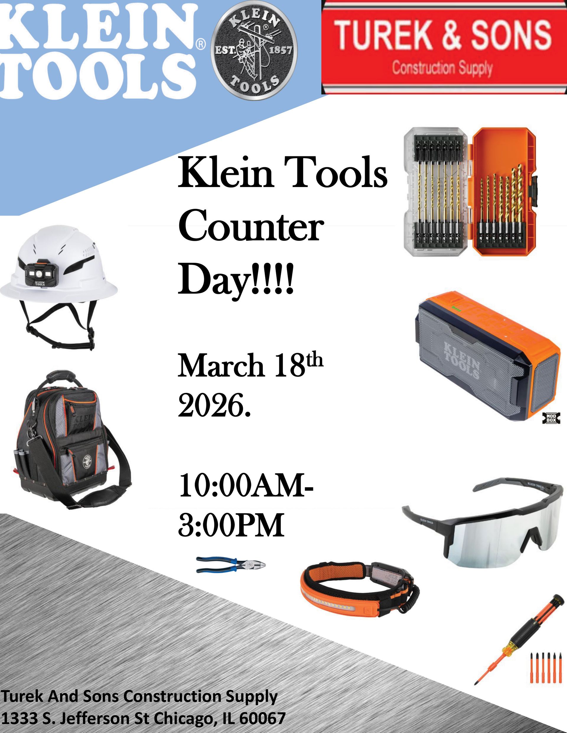 Flyer for Klein Tools Counter Day at Turek & Sons Construction Supply, Chicago, on March 18, 2026, 10:00 AM–3:00 PM.