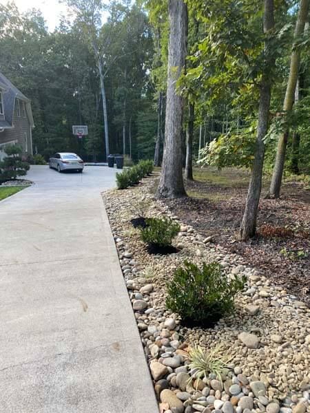 Driveway beside a landscaped rock bed with shrubs and tall trees, leading to a house and parked car.