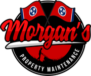 Morgan's Property Maintenance logo with red script and black-and-red circular emblem featuring Tennessee flags