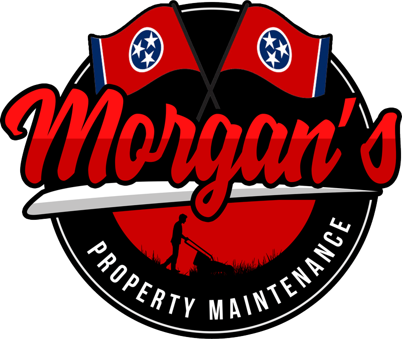 Morgan's Property Maintenance logo with red script and black-and-red circular emblem featuring Tennessee flags