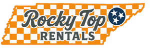 Rocky Top Rentals logo in orange and white checkered Tennessee shape with blue stars