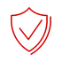 Red shield icon with a checkmark, outlined in red on a white background