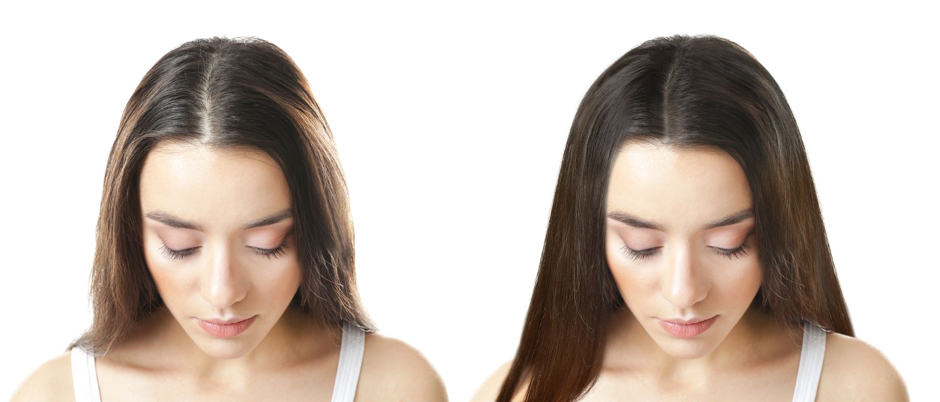 A before and after photo of a woman 's hair.