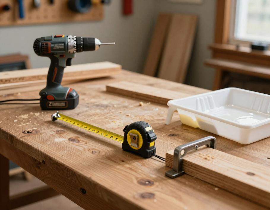 Handyman tools set up for a home repair job in Troy, NC by A&C Handyman Service.