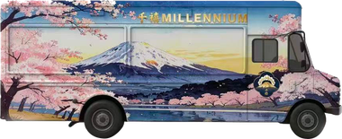 Van wrapped in cherry blossoms with Mount Fuji mural and gold “Millennium” text