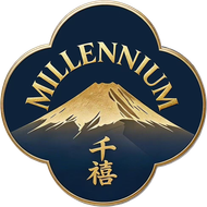 Gold mountain logo on navy clover with “MILLENNIUM” and Japanese characters